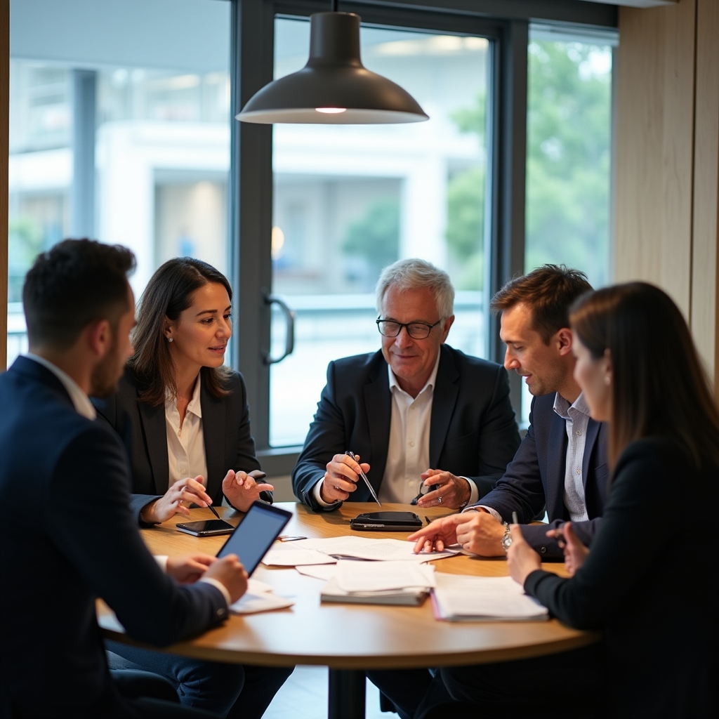Small group of participants collaborating on risk assessment exercise at round table
