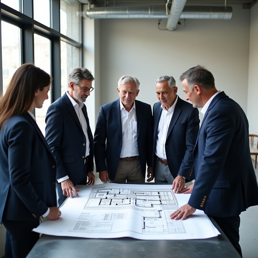 Workshop participants examining construction site blueprints and progress documentation