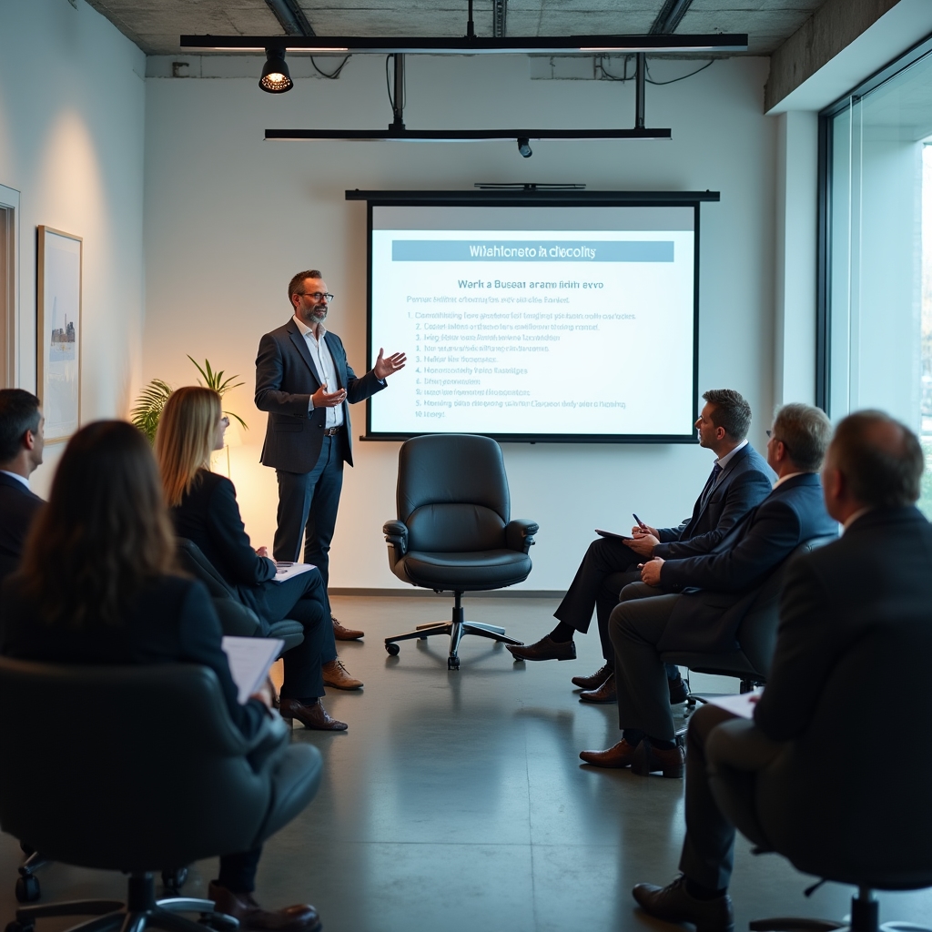 Workshop opening session with participants seated in semicircle arrangement facing instructor and presentation screen