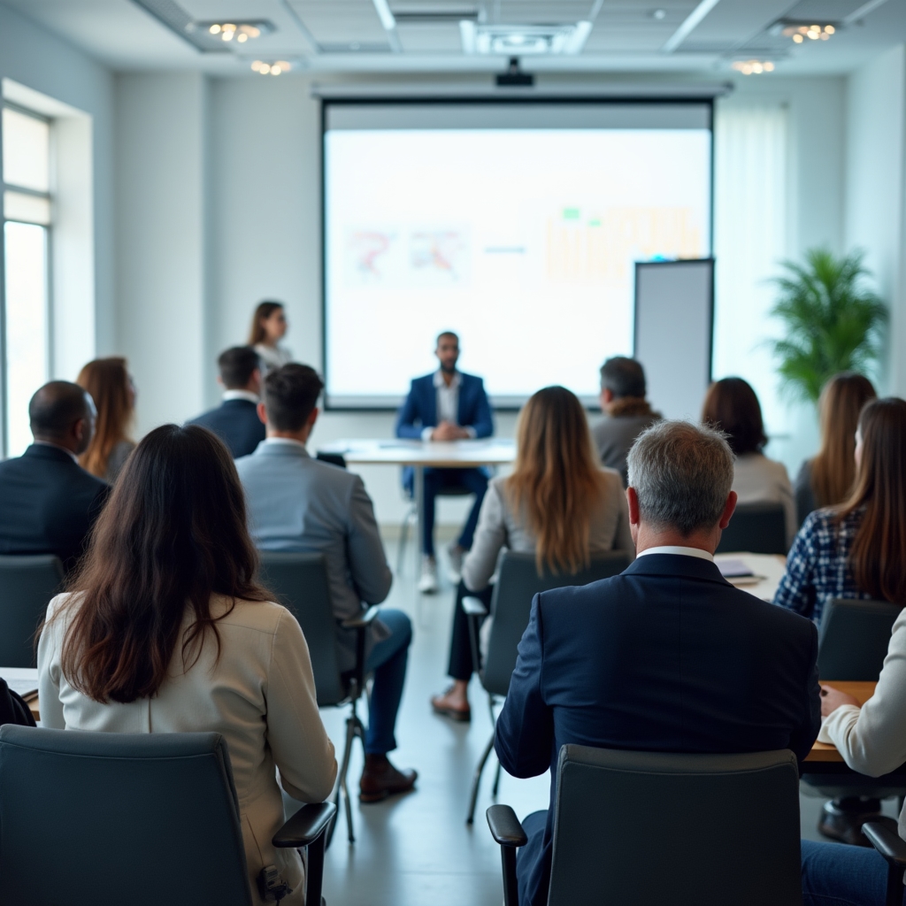 Wide shot of diverse age and professional background participants seated in workshop room