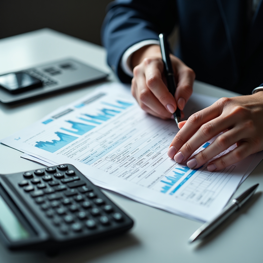 Close-up of participant hands working through risk calculations with spreadsheet and calculator