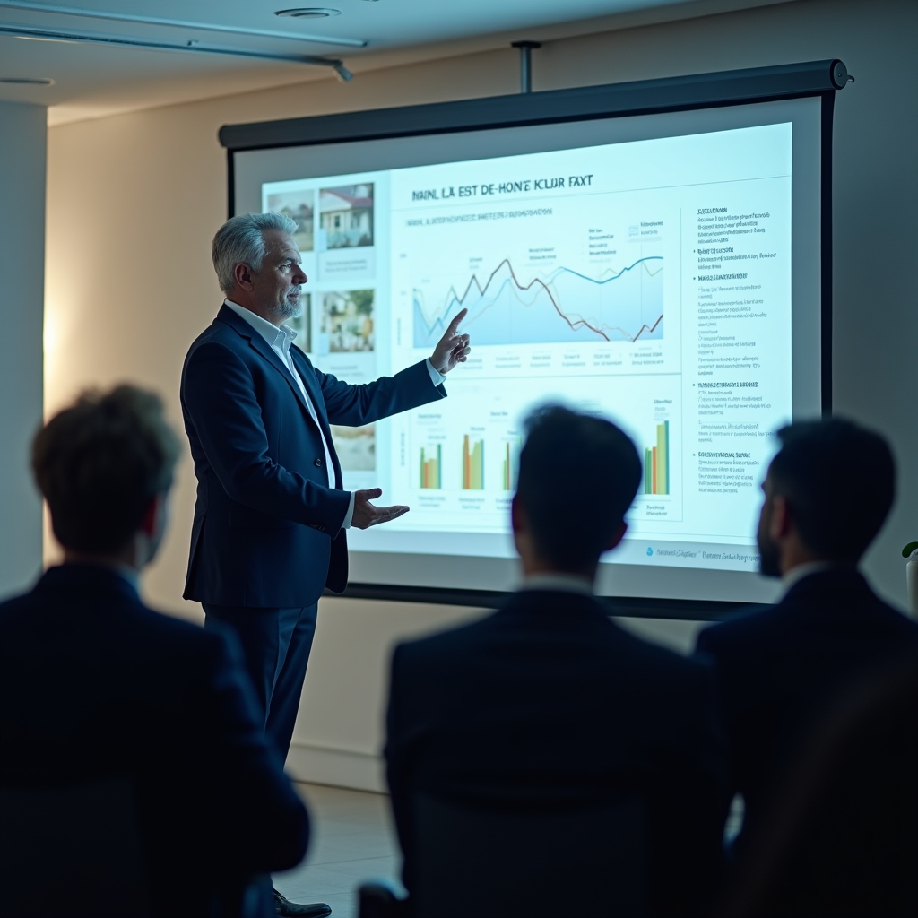 Workshop instructor presenting real market scenario on projection screen to engaged participants