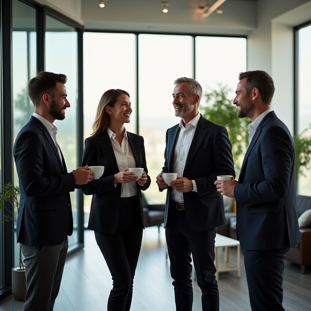 Diverse group of professionals networking during workshop break with coffee