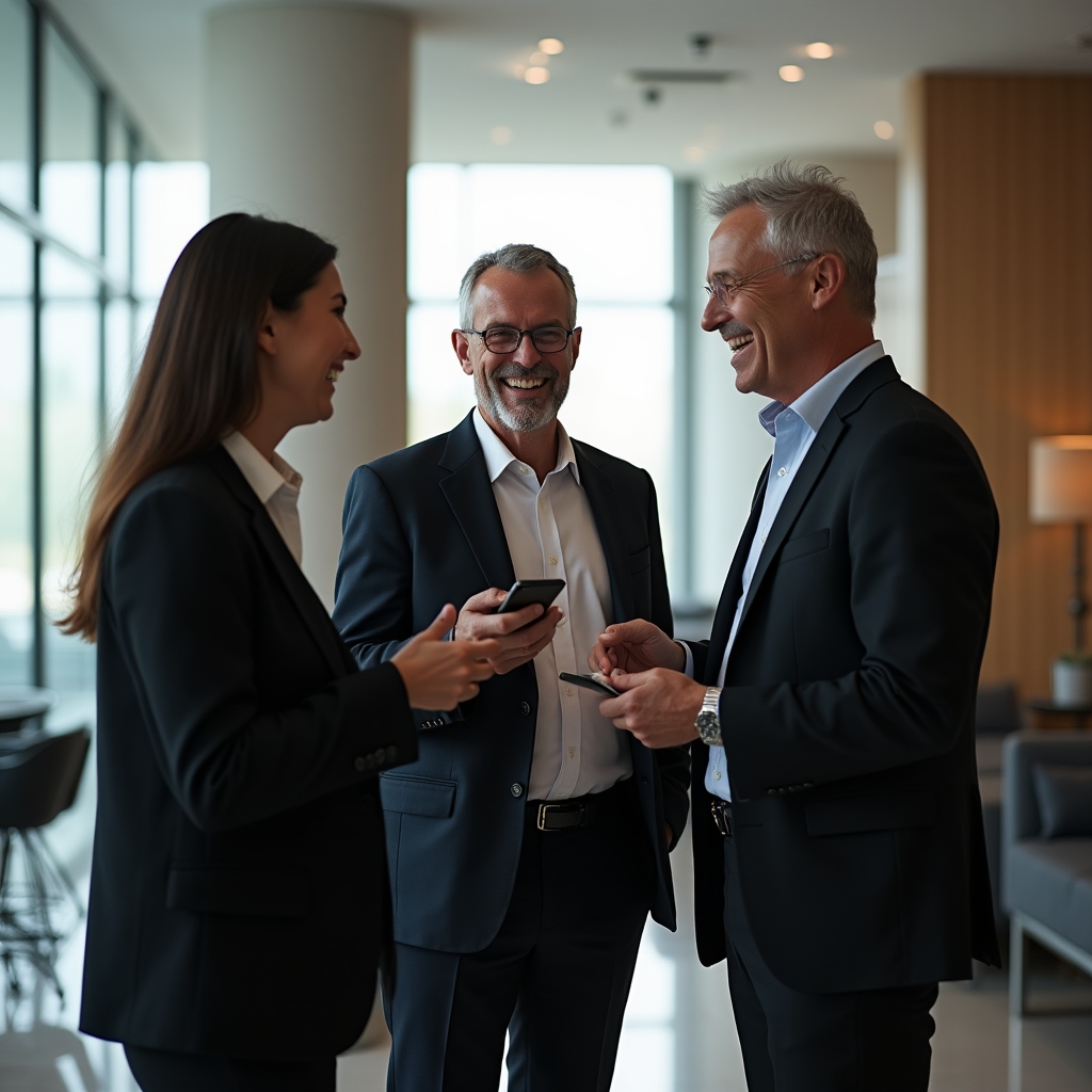 Alumni participants exchanging contact information and discussing ongoing investment evaluations