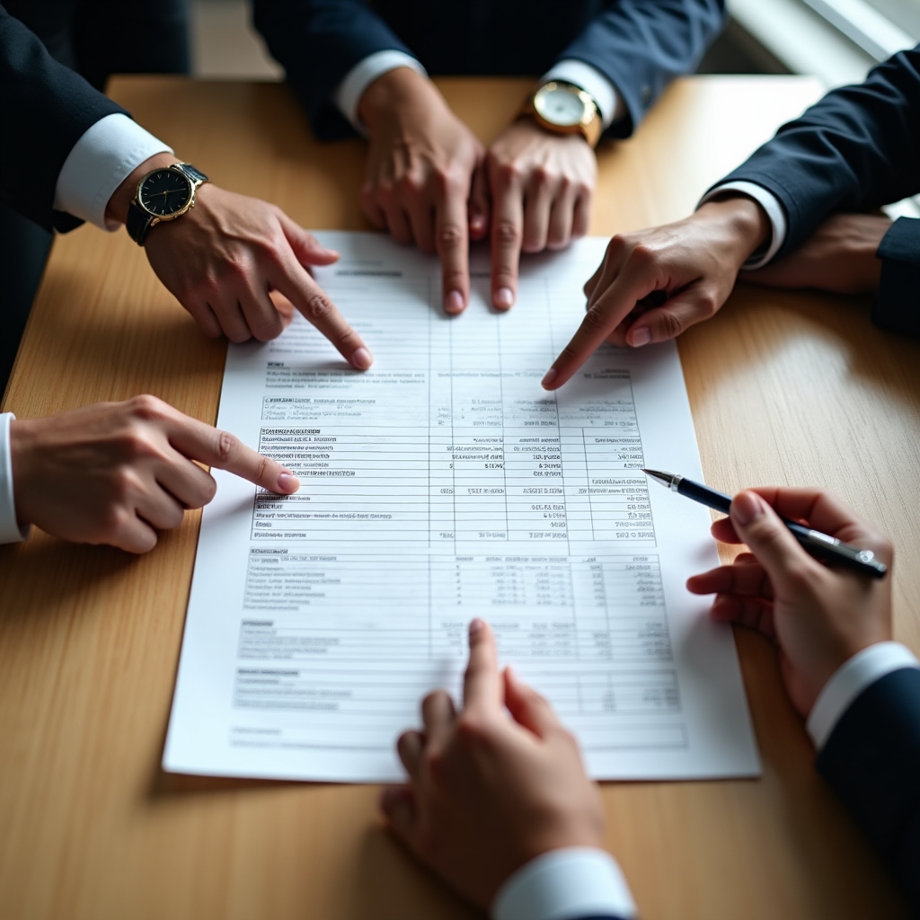 Close-up of hands pointing at risk matrix spreadsheet during group discussion