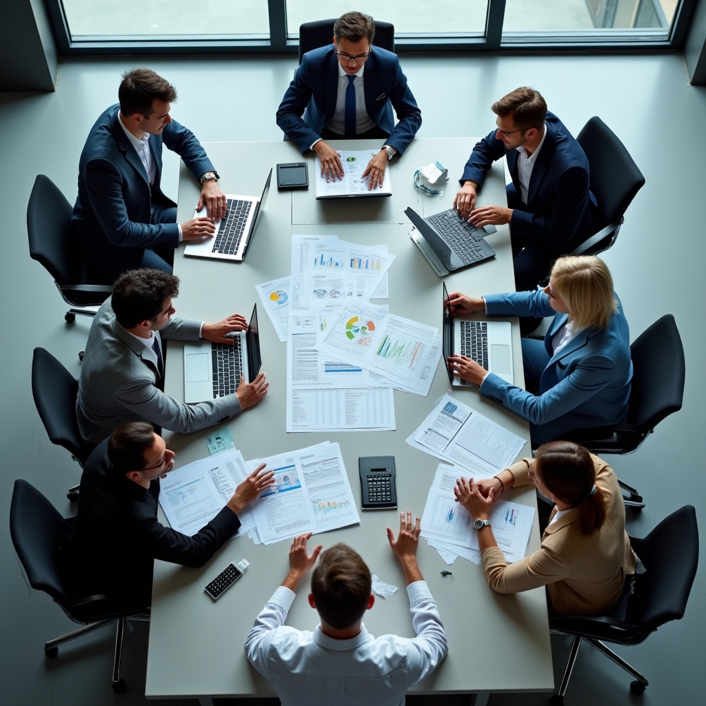 Diverse group collaborating around table with financial documents and calculators